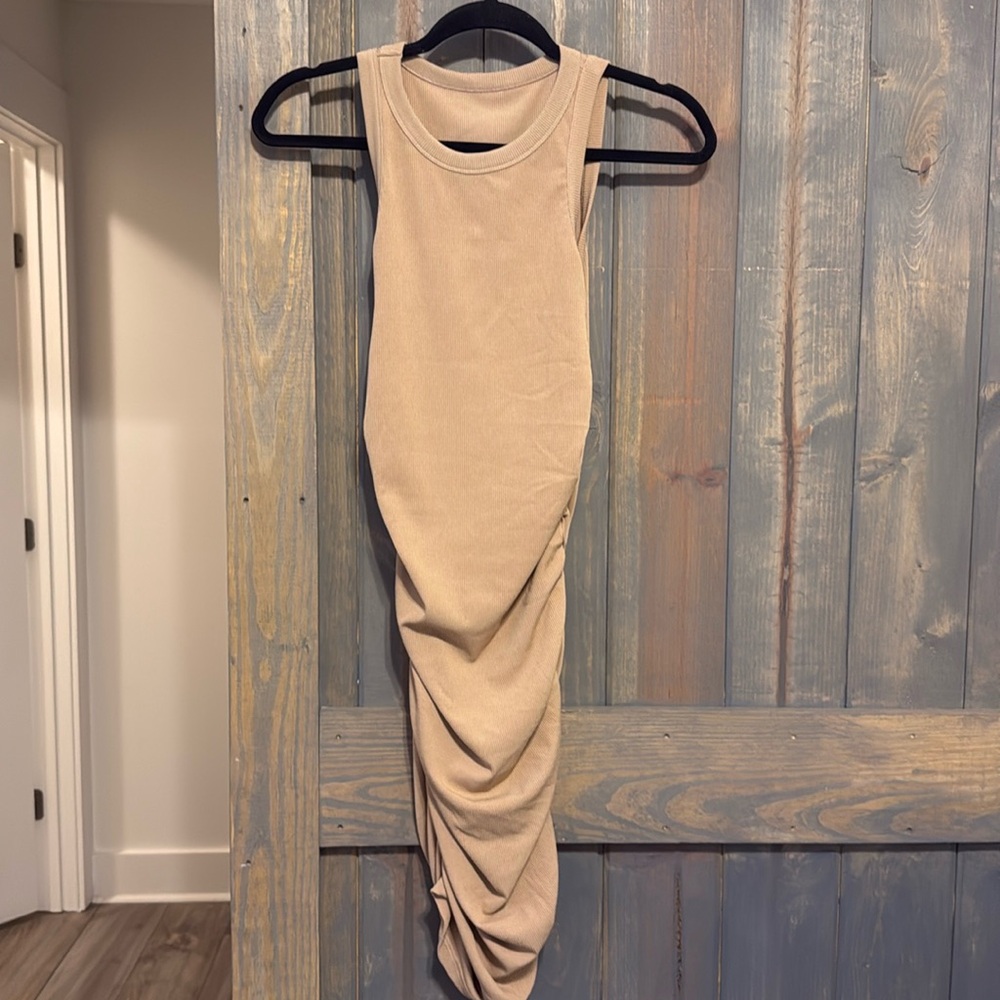 Summer Ruched Ribbed Cocktail Club Party Short Dresses khaki tan size small